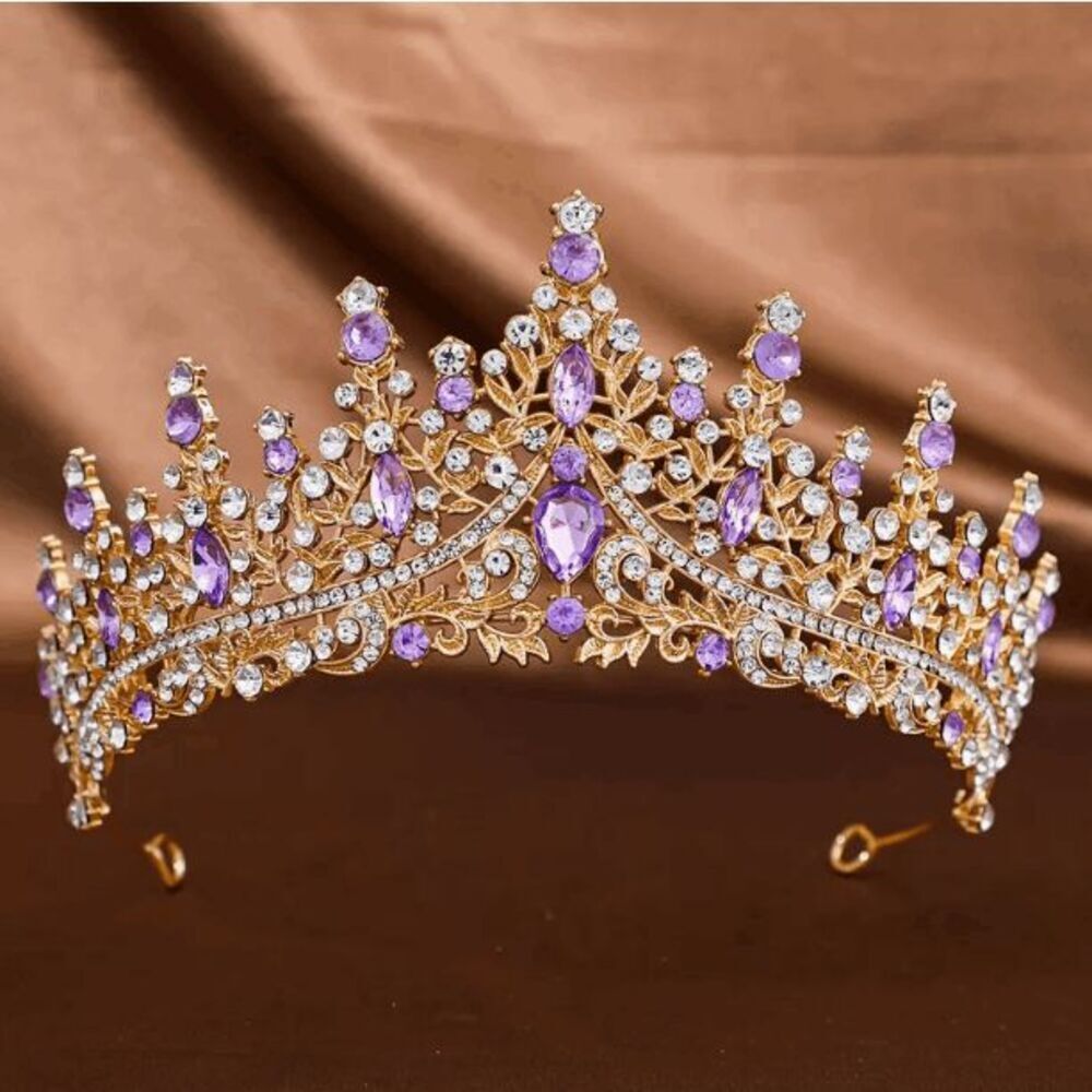 Wicked Silk Prom, Quinceanera Jeweled Crown Tiara Headband - Golden Purple